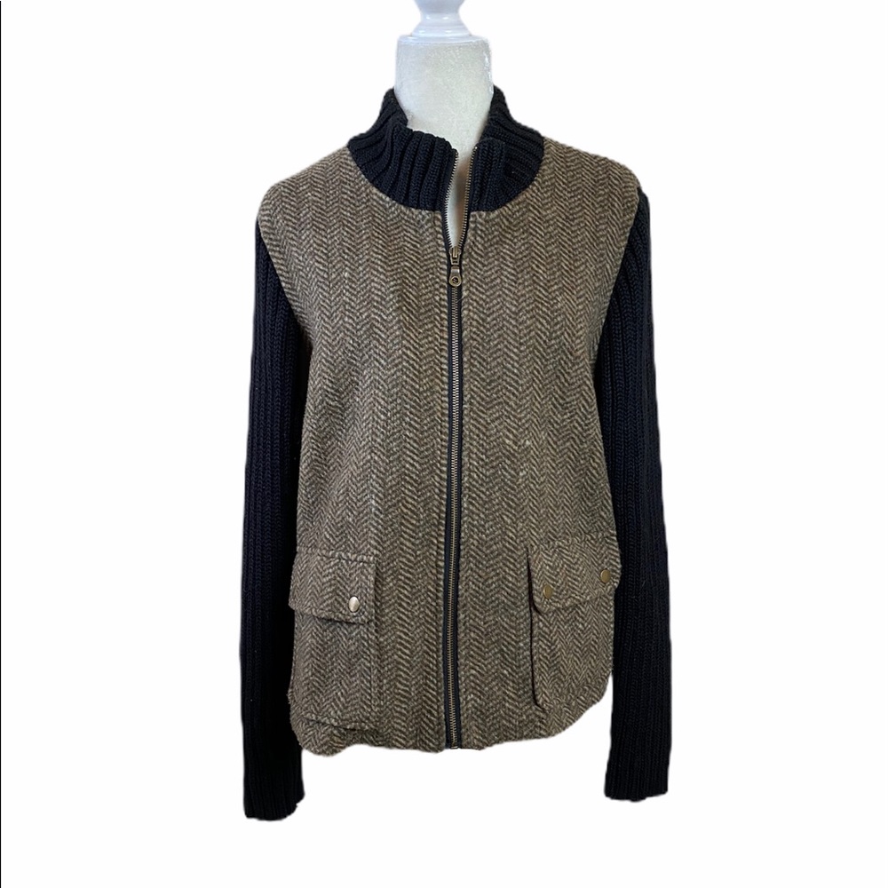 Orvis Tan And Black Wool Blend Zippered Cardigan